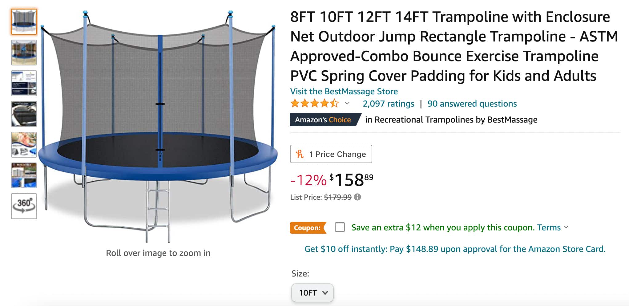 A screenshot of a trampoline product page on Amazon.