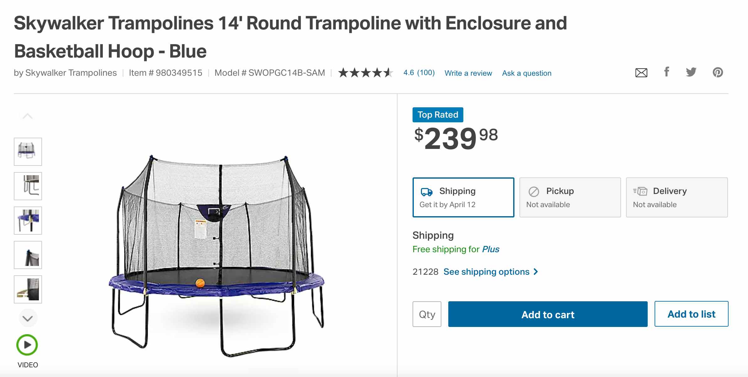 A screenshot of a Skywalker Trampoline product page on Sam's Club's website.