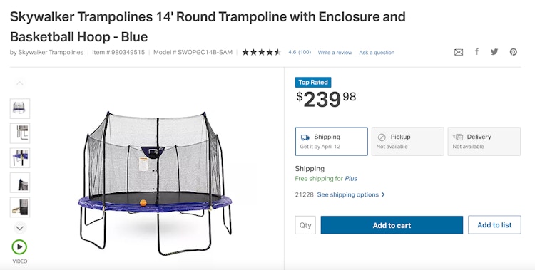 A screenshot of a Skywalker Trampoline product page on Sam's Club's website.