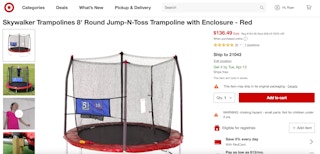 A screenshot of a Skywalker Trampoline product page on Target's website.