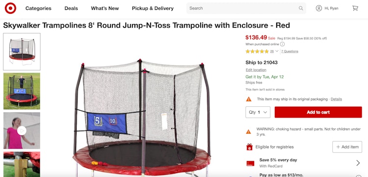 A screenshot of a Skywalker Trampoline product page on Target's website.