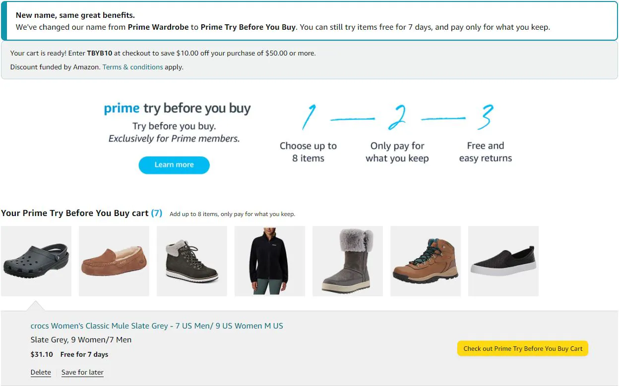 A screenshot of the information page for Amazon's Try Before You Buy program.