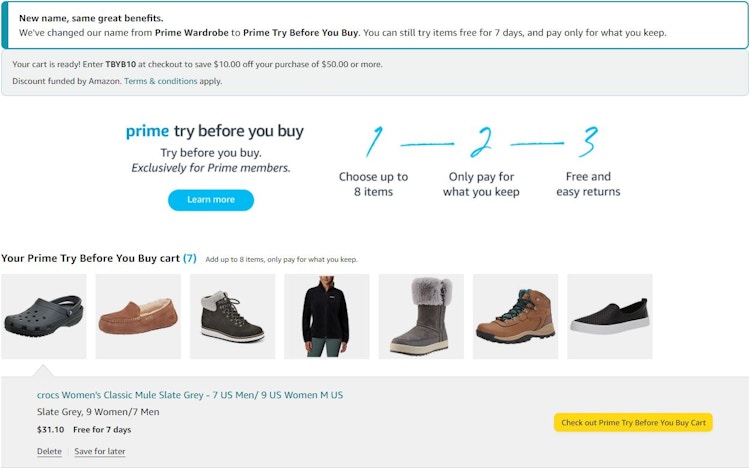 A screenshot of the information page for Amazon's Try Before You Buy program.