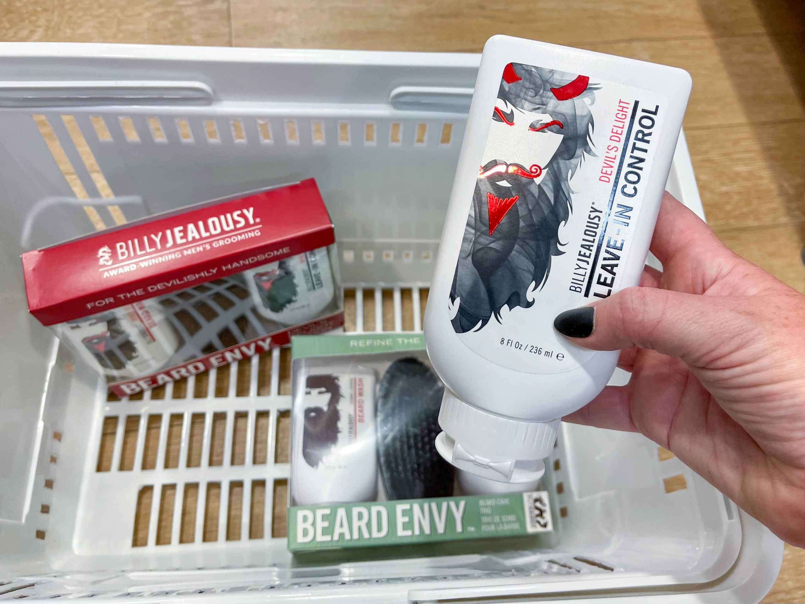 Billy Jealousy Beard Products being held in basket