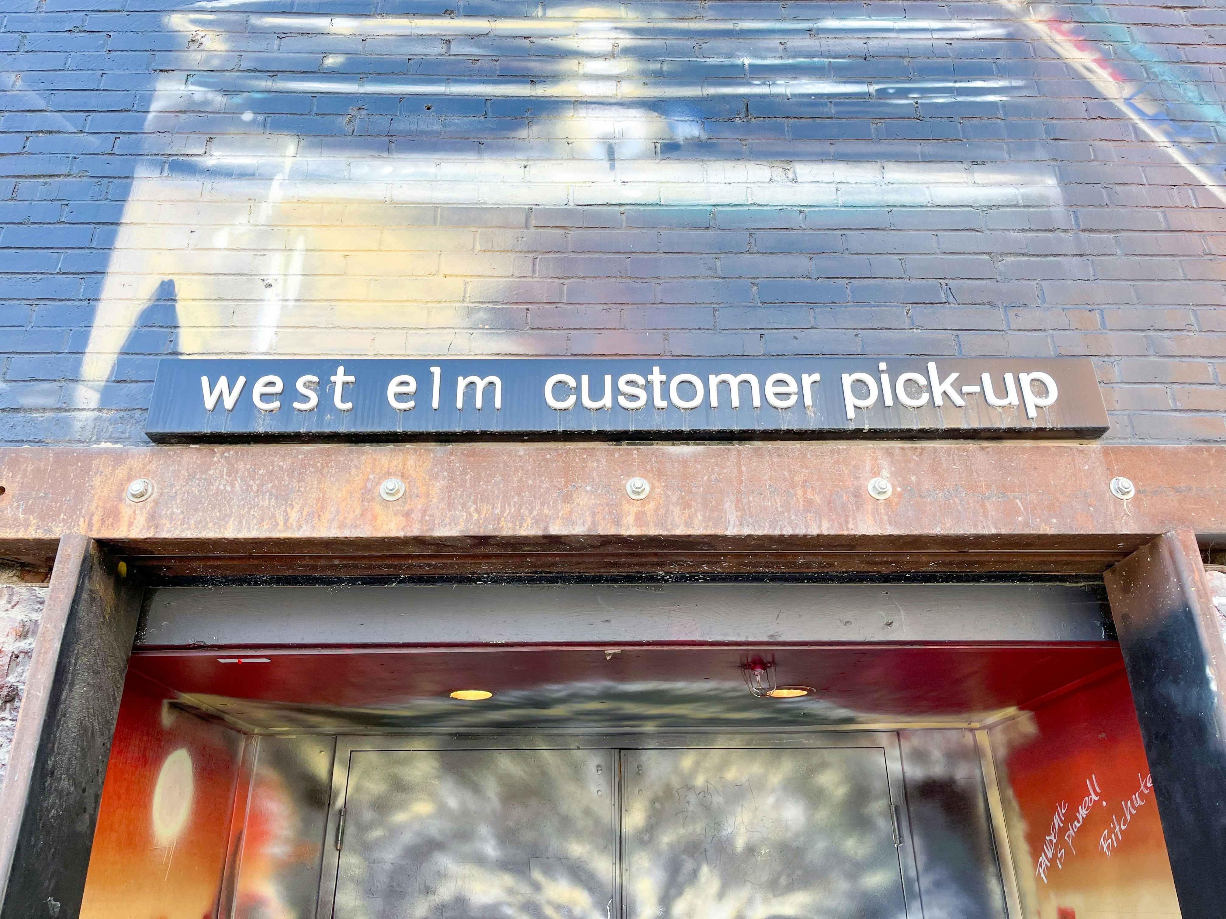 West Elm customer pickup sign