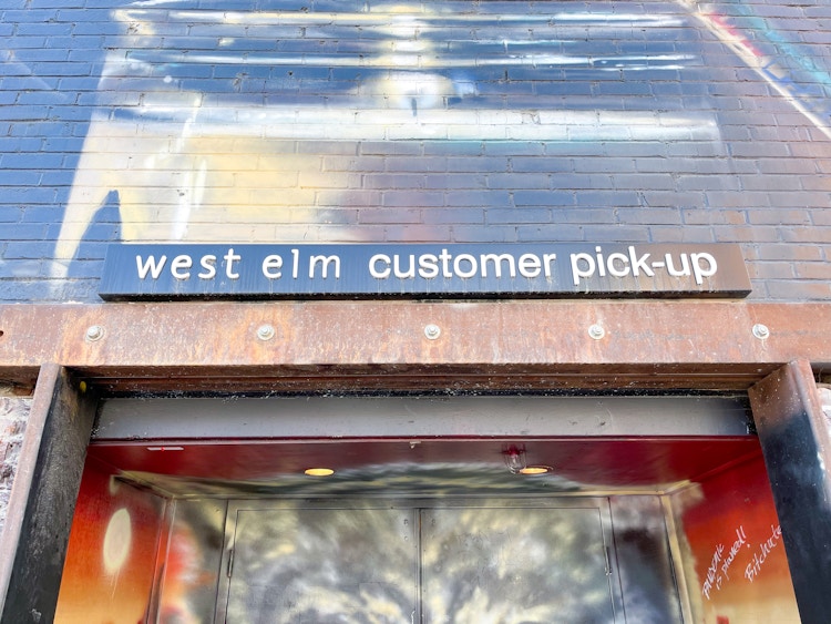 West Elm customer pickup sign