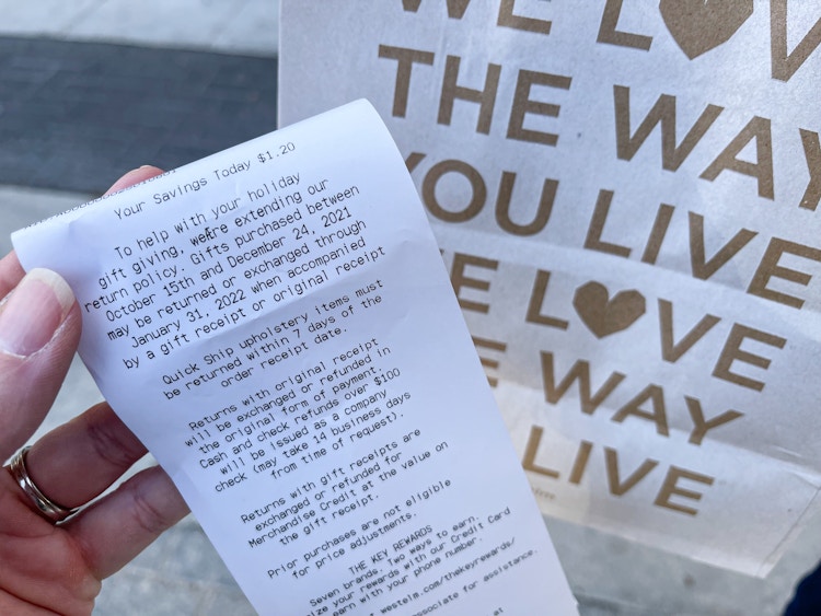 West Elm receipt with bag