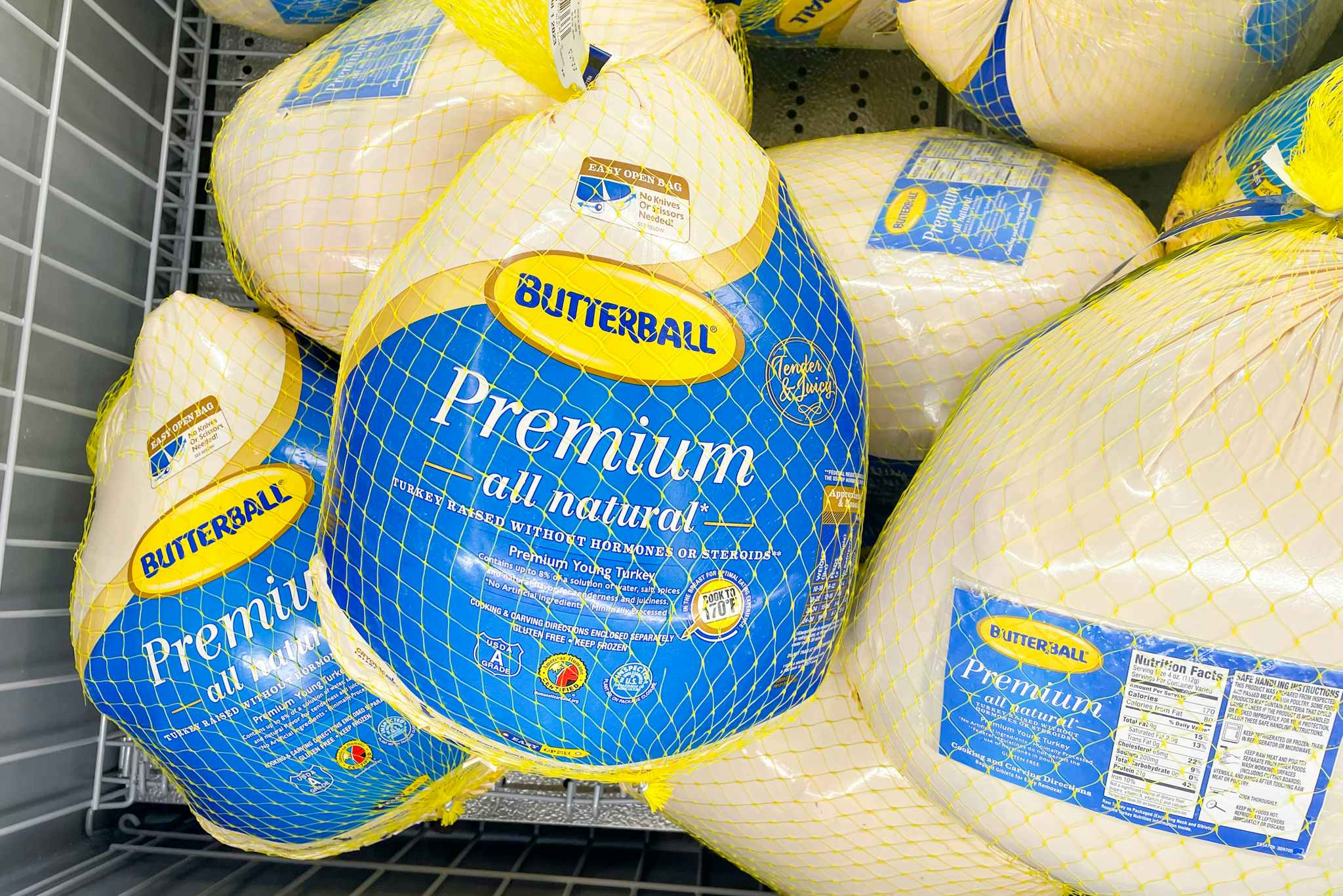 Butterball frozen turkeys in a cooler at Aldi