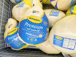 Butterball frozen turkeys in a cooler at Aldi