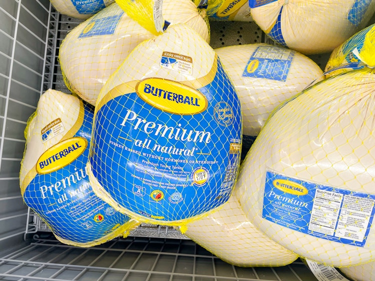 Butterball frozen turkeys in a cooler at Aldi
