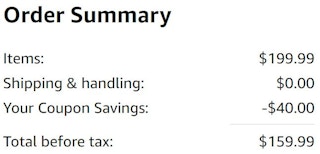 An Amazon order summary ending in $159.99.