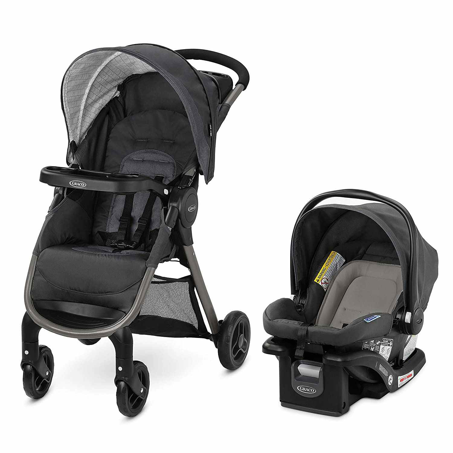 A Graco FastAction stroller and car seat travel system.