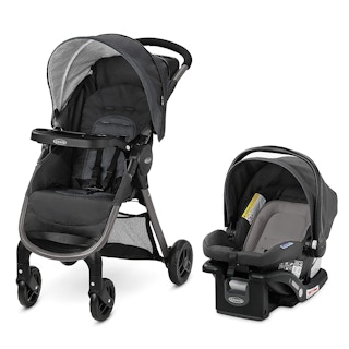 A Graco FastAction stroller and car seat travel system.