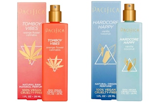 Two Pacifica perfume bottles in scents tomboy vibes and hardcore happy.