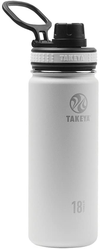 A white Takeya water bottle.