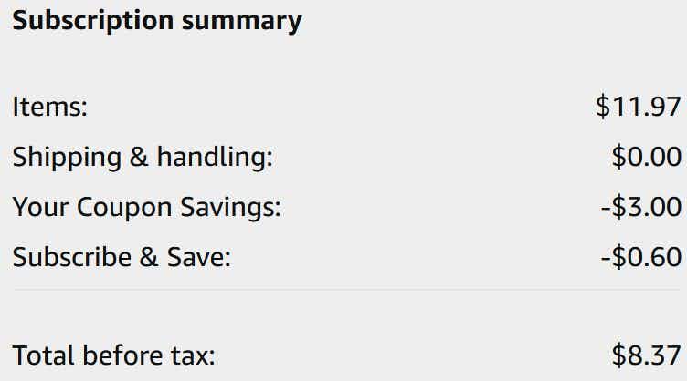 An Amazon subscription summary ending in $8.37.
