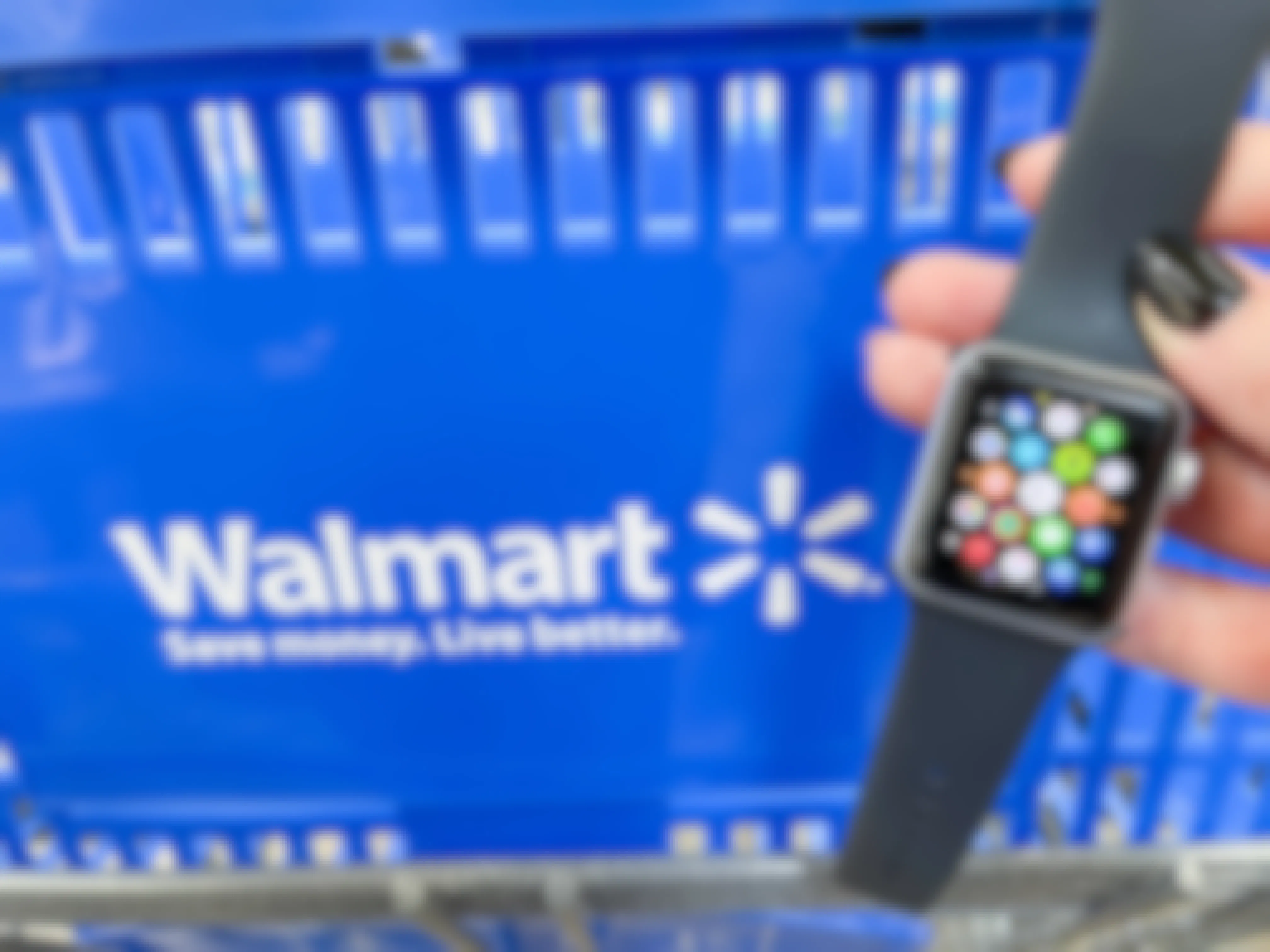 someone holding up an apple watch infront of a Walmart shopping basket