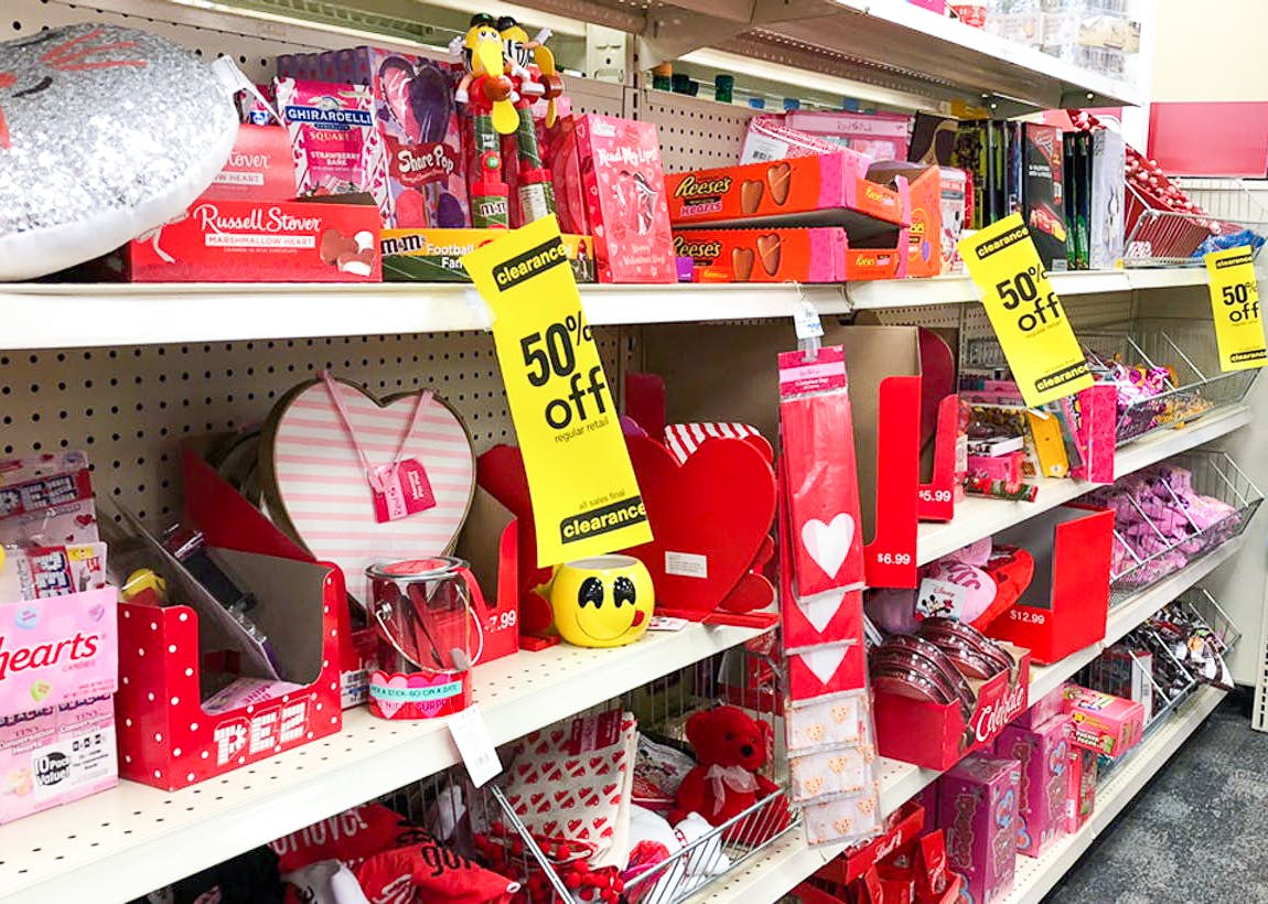 valentine's day items on clearance shelf in store at CVS for 50% off