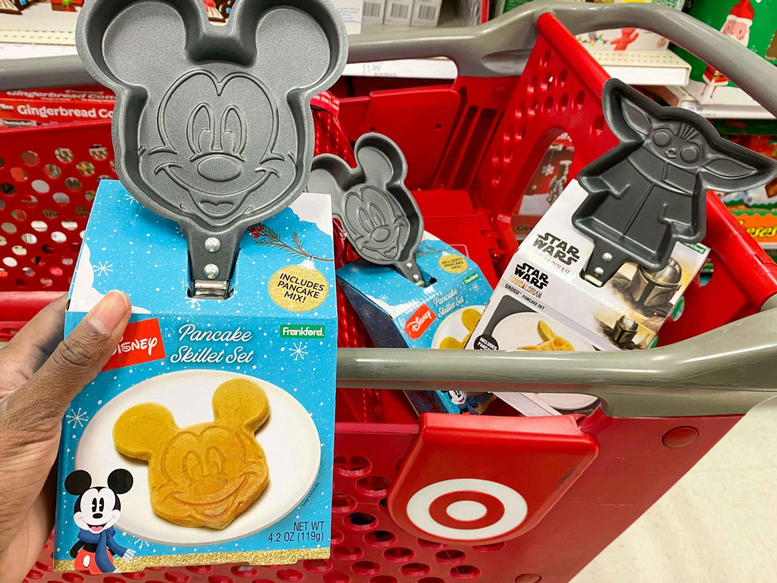 baby yoda and mickey mouse pancake skillet gift set in a target cart