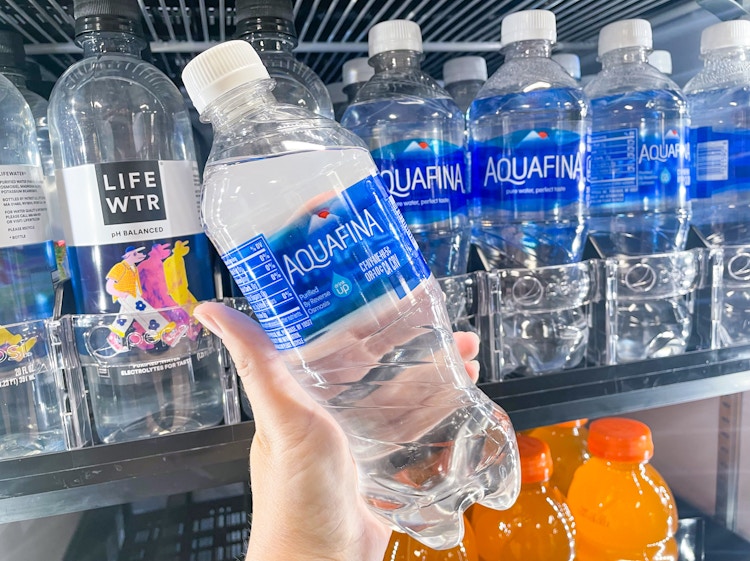 someone holding aquafina bottle