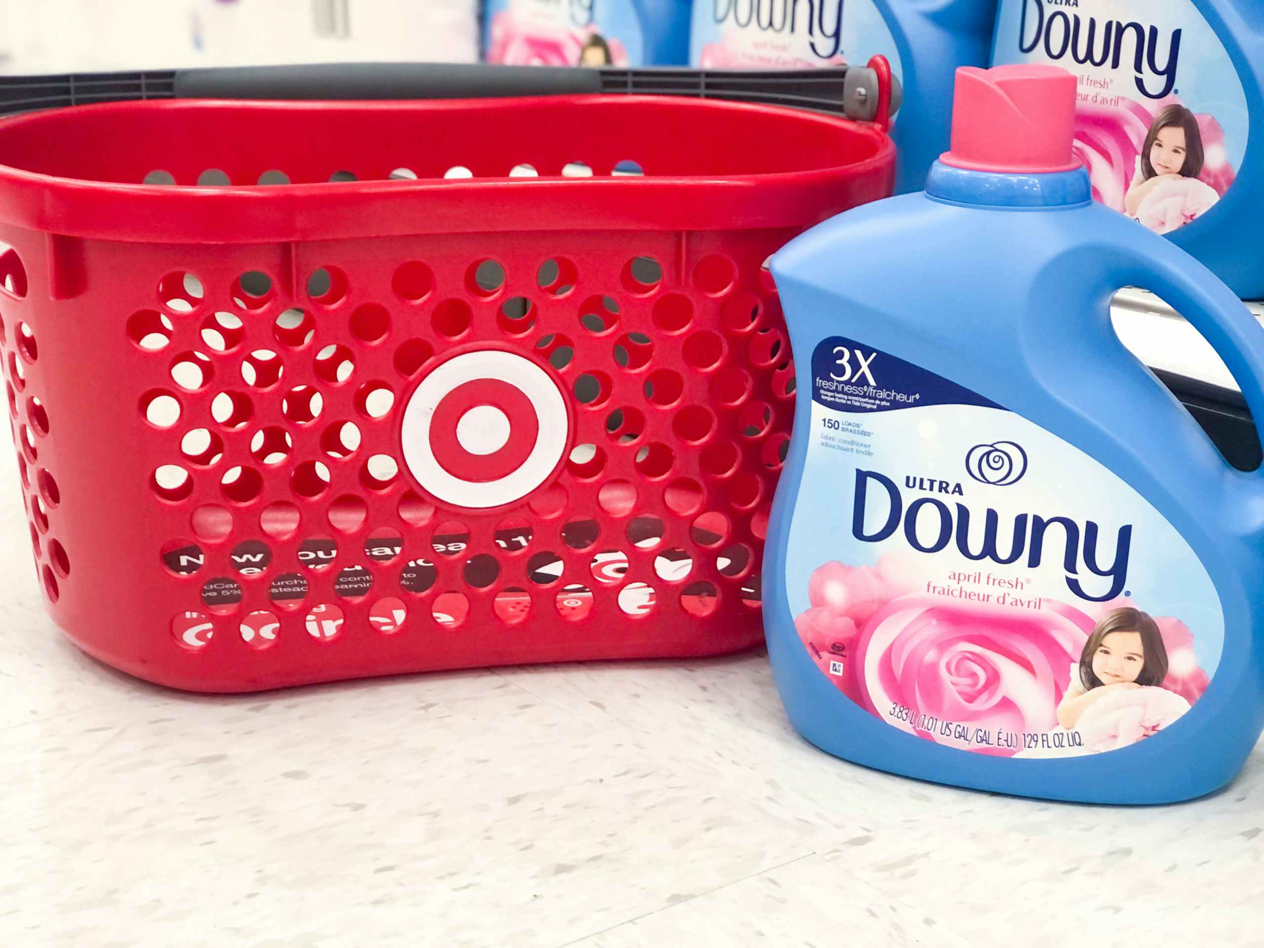 Downy in front of Target shopping basket on the floor