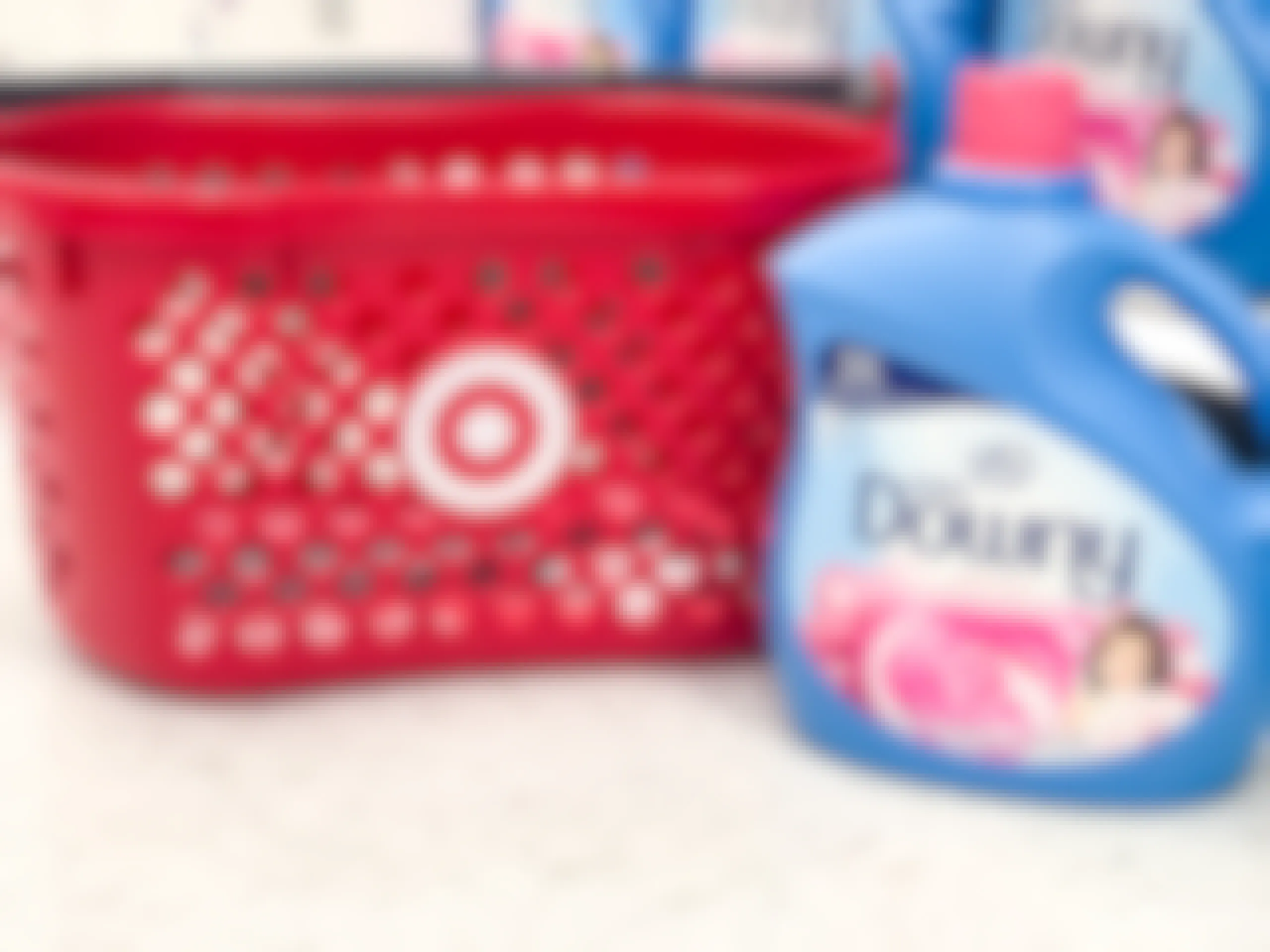 Downy in front of Target shopping basket on the floor