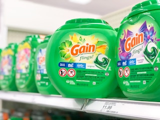 bottle of Gain Flings turned diagonally on a store shelf