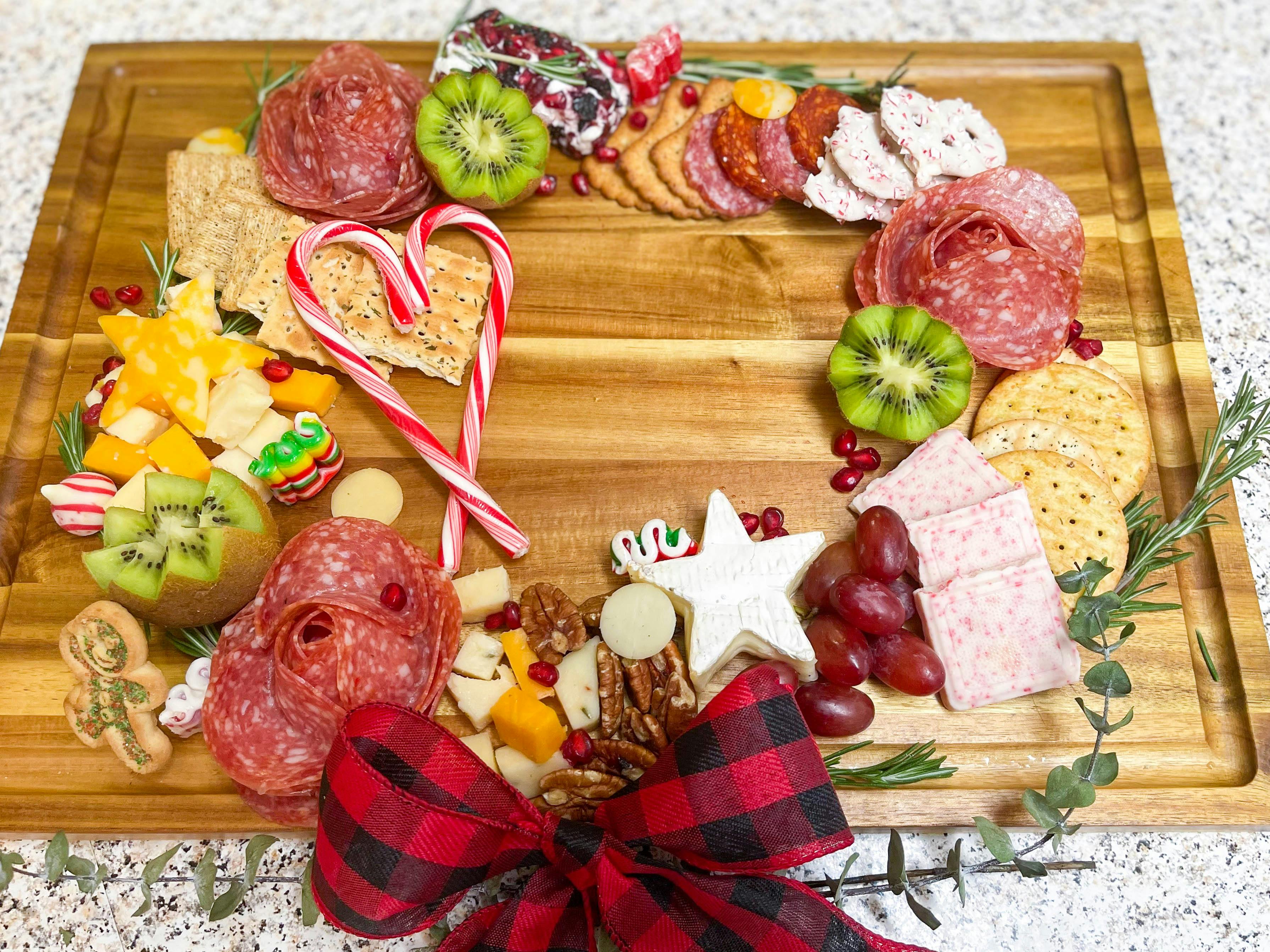 charcuterie board made into the shade of a wreath
