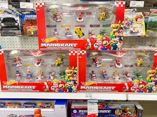 stacked display of Hot wheels MarioKart on Target store shelf