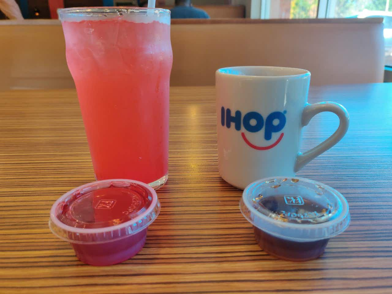 specialty" ihop drinks. free strawberry drink and maple syrup coffee.