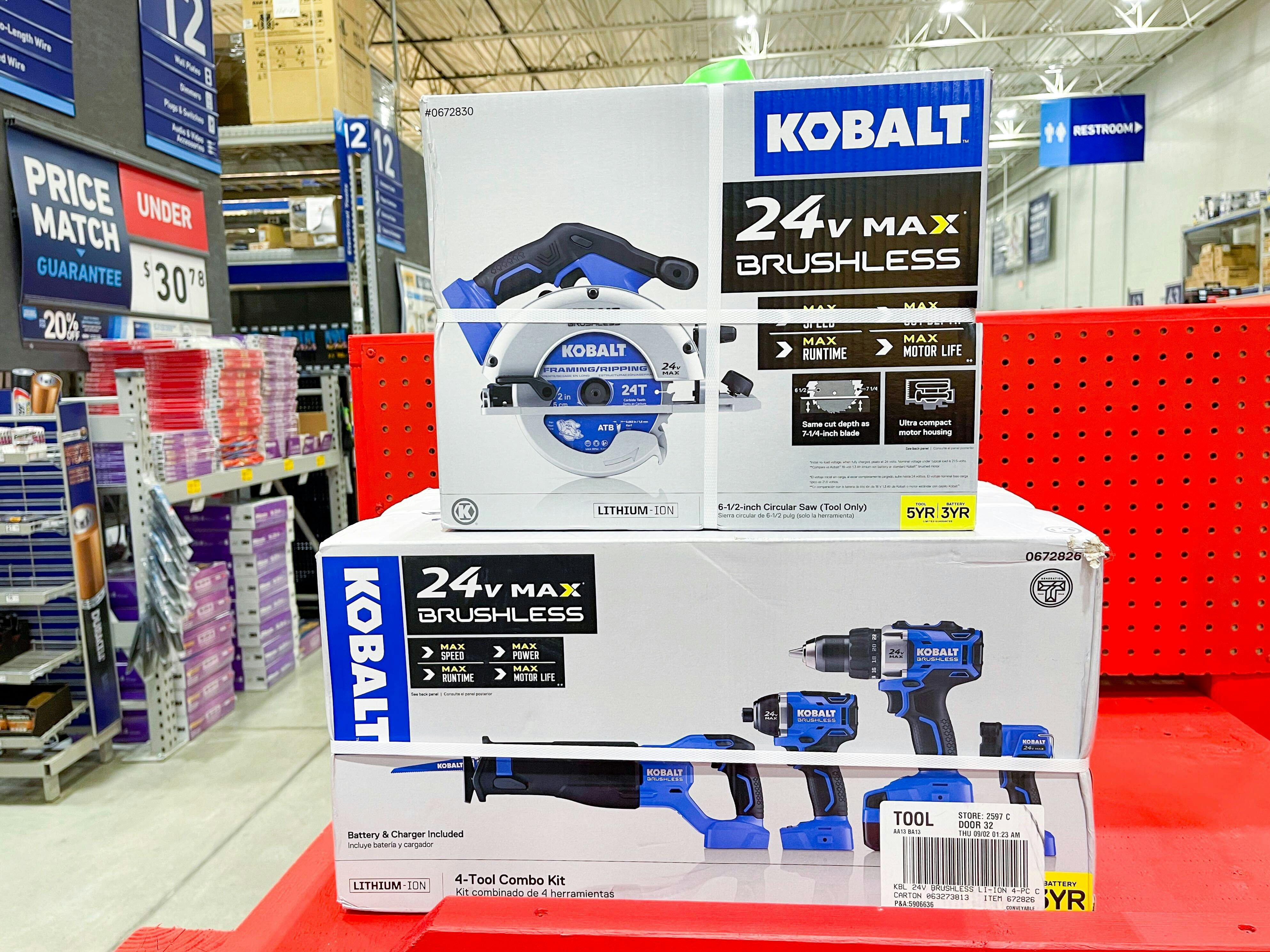 Two Kobalt tool sets stacked on top of each other on shelf at Lowe's 