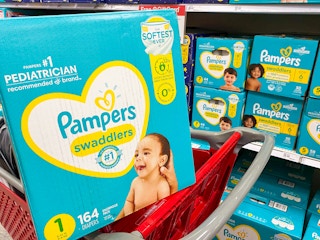 box of Pampers in Target shopping cart