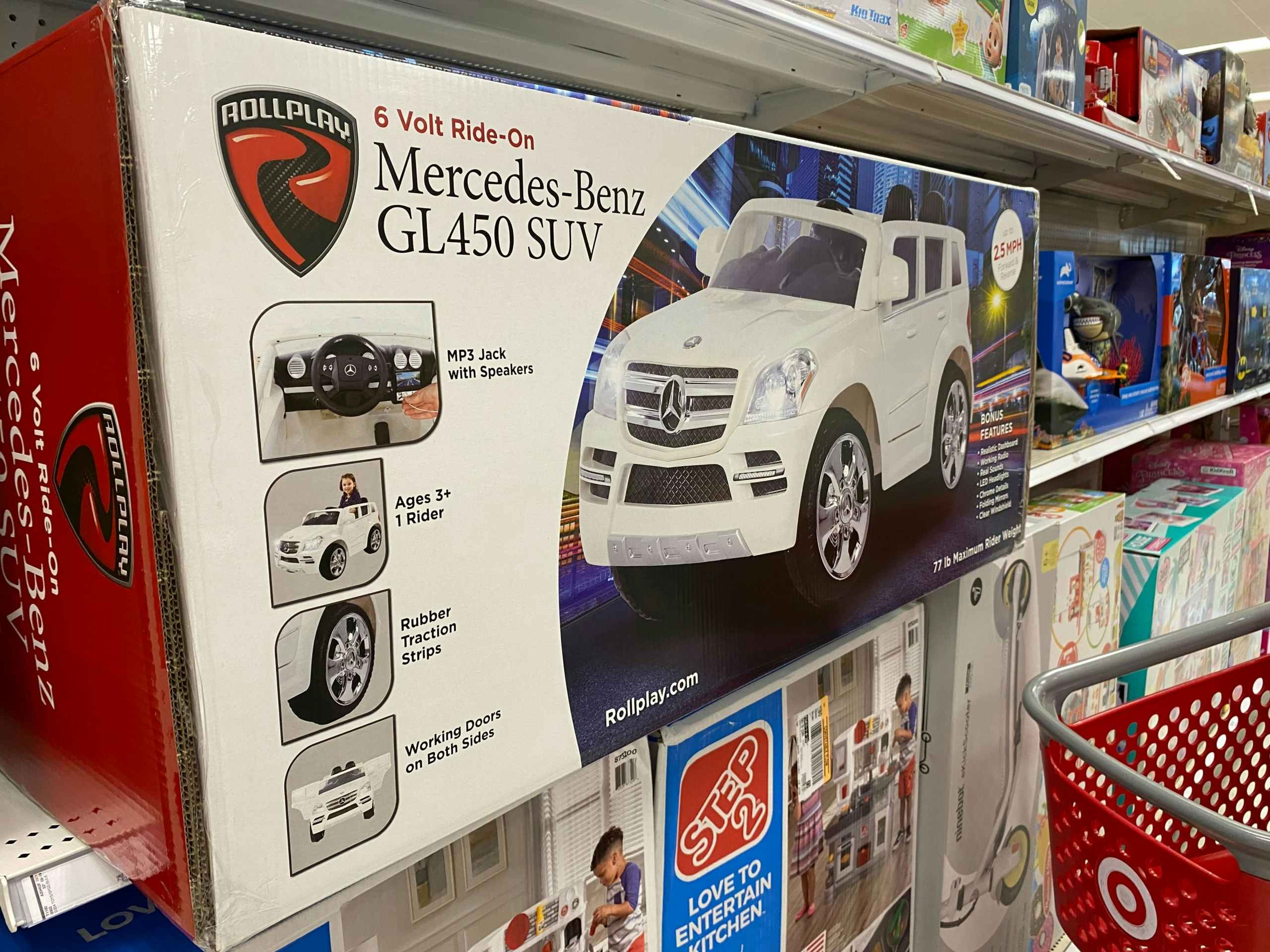 roll play mercedes-benz powered ride-on on a target shelf