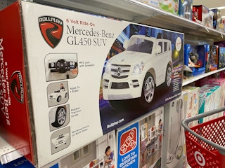 roll play mercedes-benz powered ride-on on a target shelf