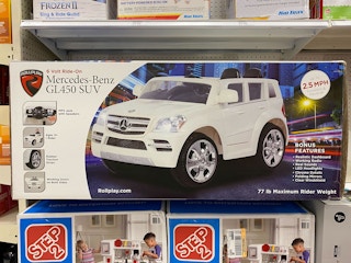 roll play mercedes-benz powered ride-on on a target shelf