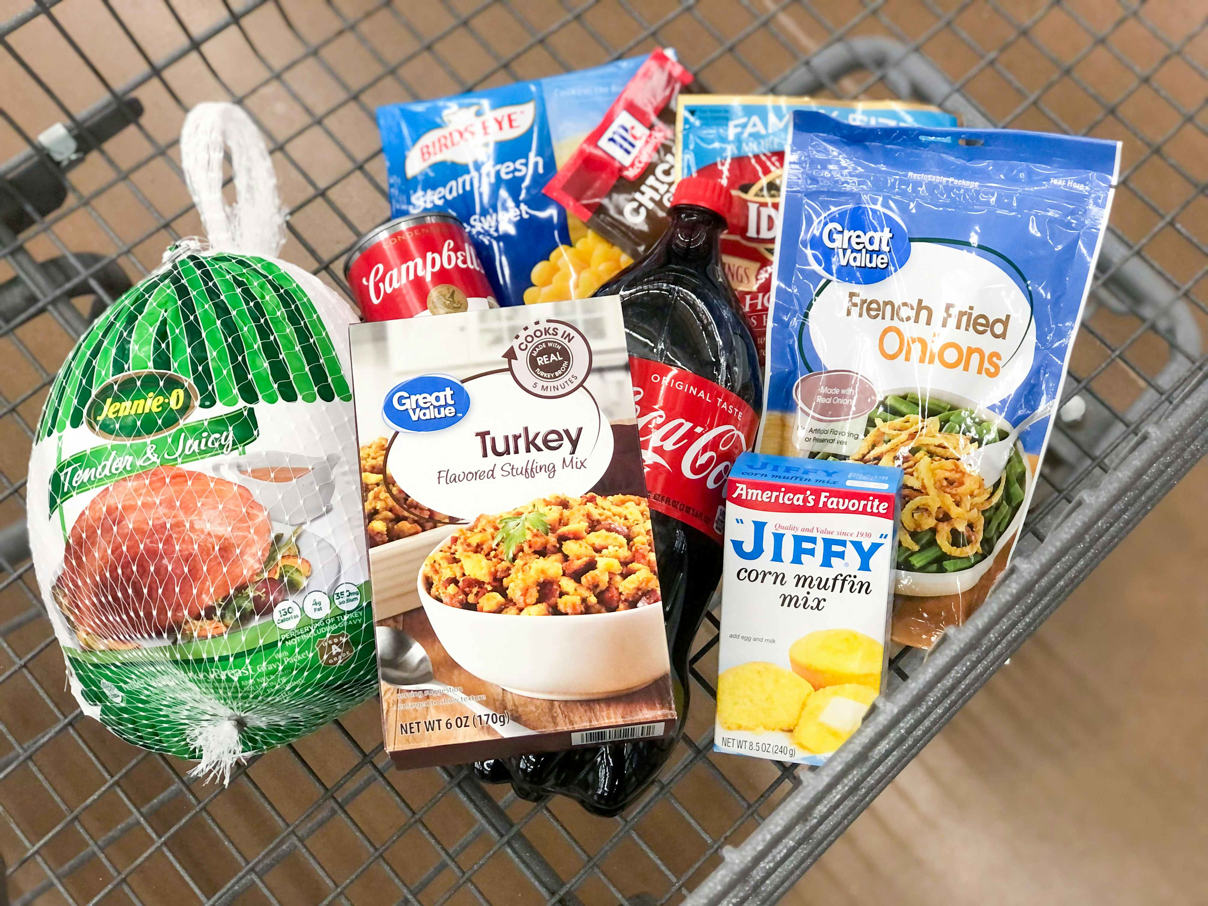 A Walmart shopping cart full of groceries needed to make dishes for a Thanksgiving meal.