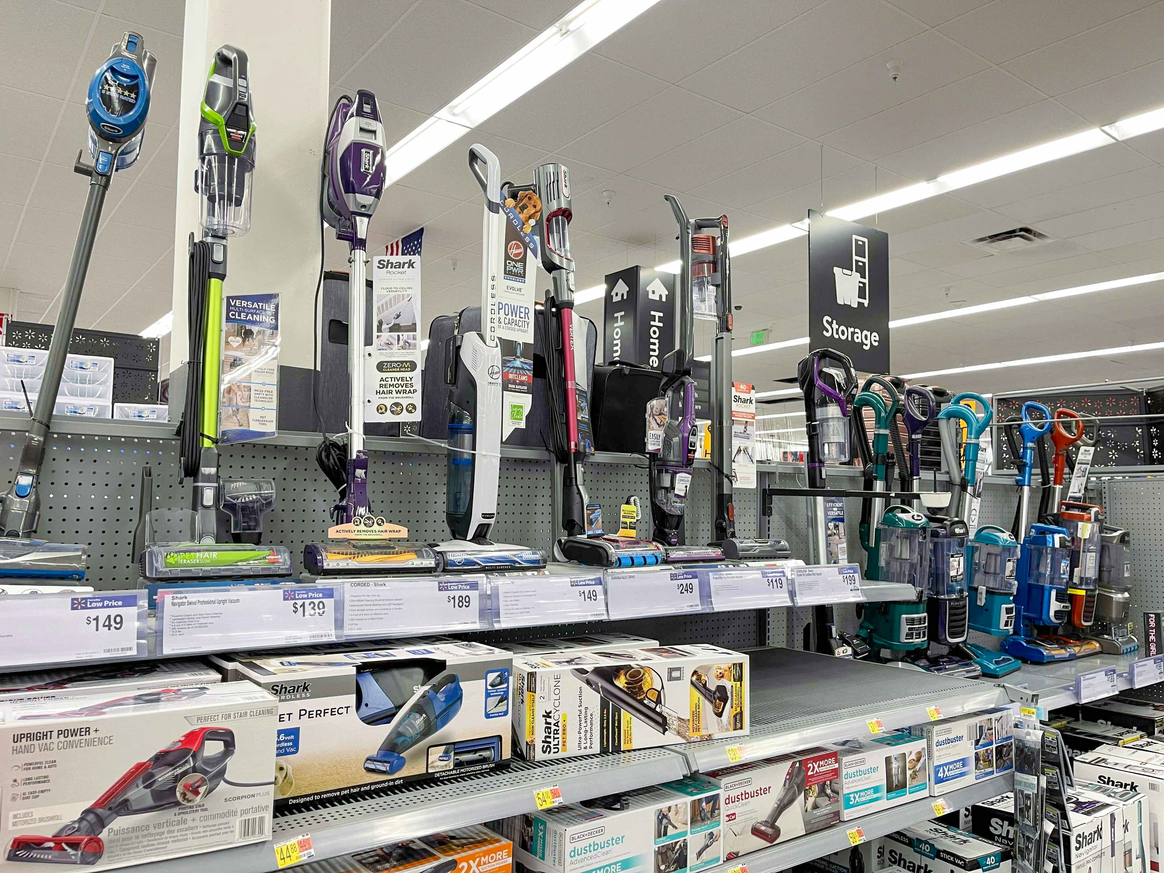 A view of the vacuum selection and display at Walmart.