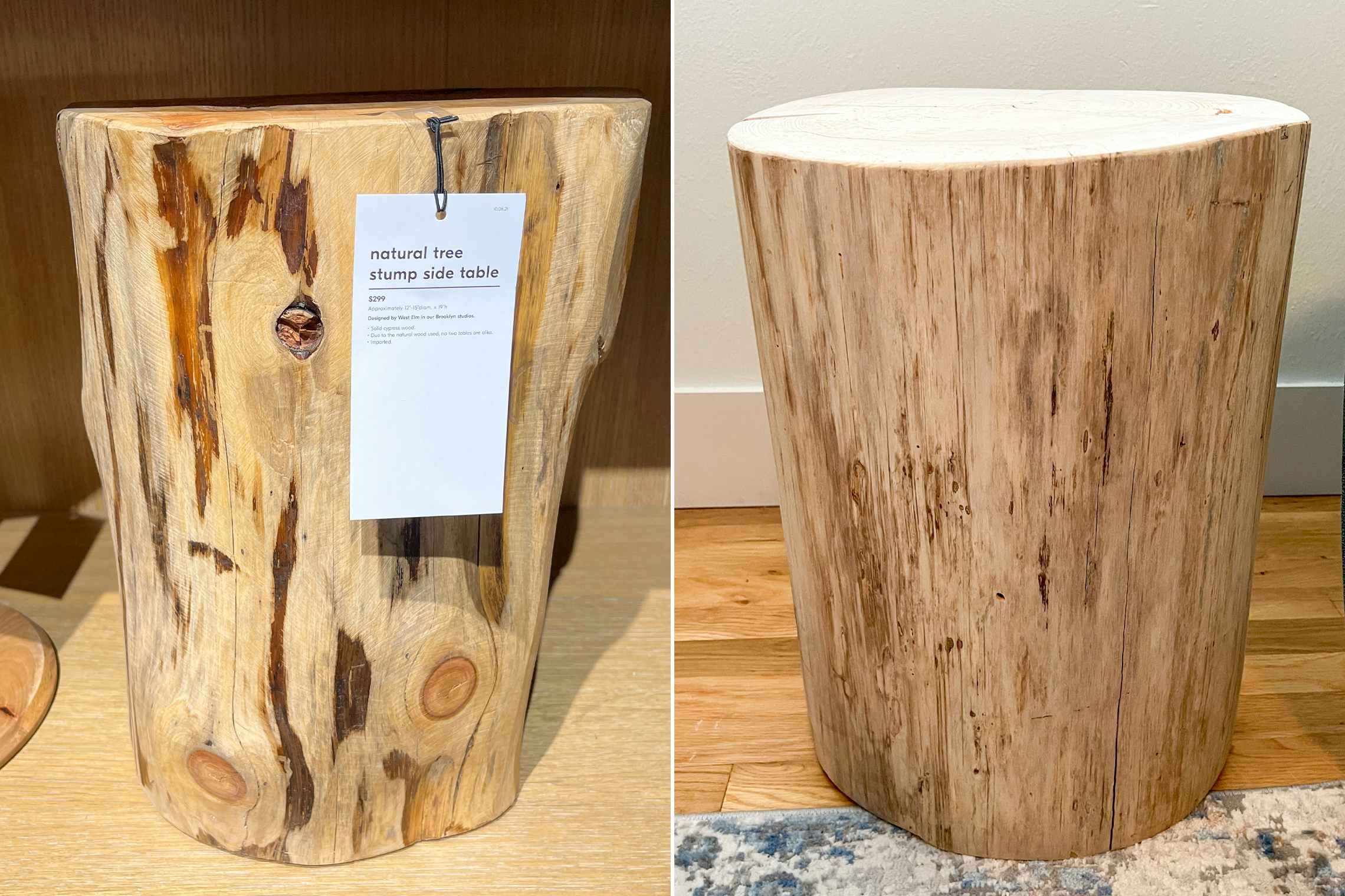 Two wood stump side tables side by side in a photo. One DIY and one from West Elm.