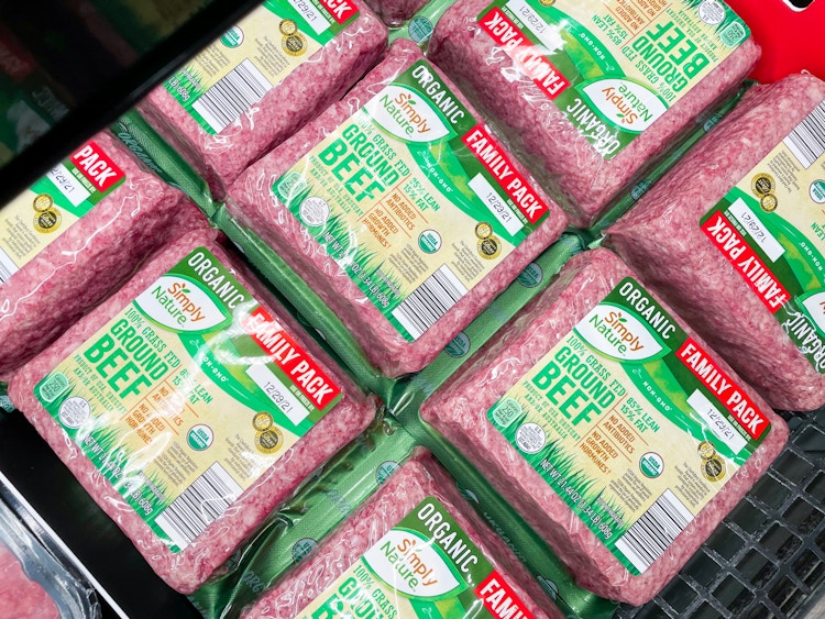 aldi simply nature grass-fed organic ground beef in store cooler