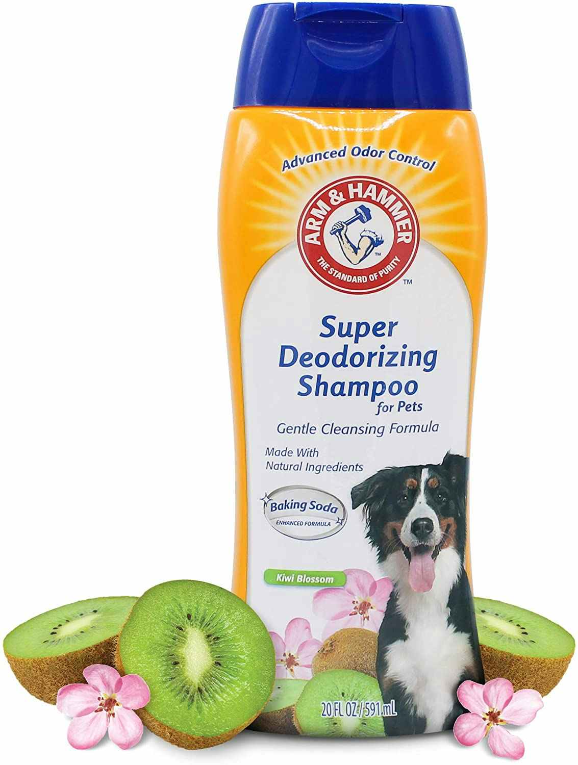 A bottle of Arm & Hammer deodorizing shampoo for pets.