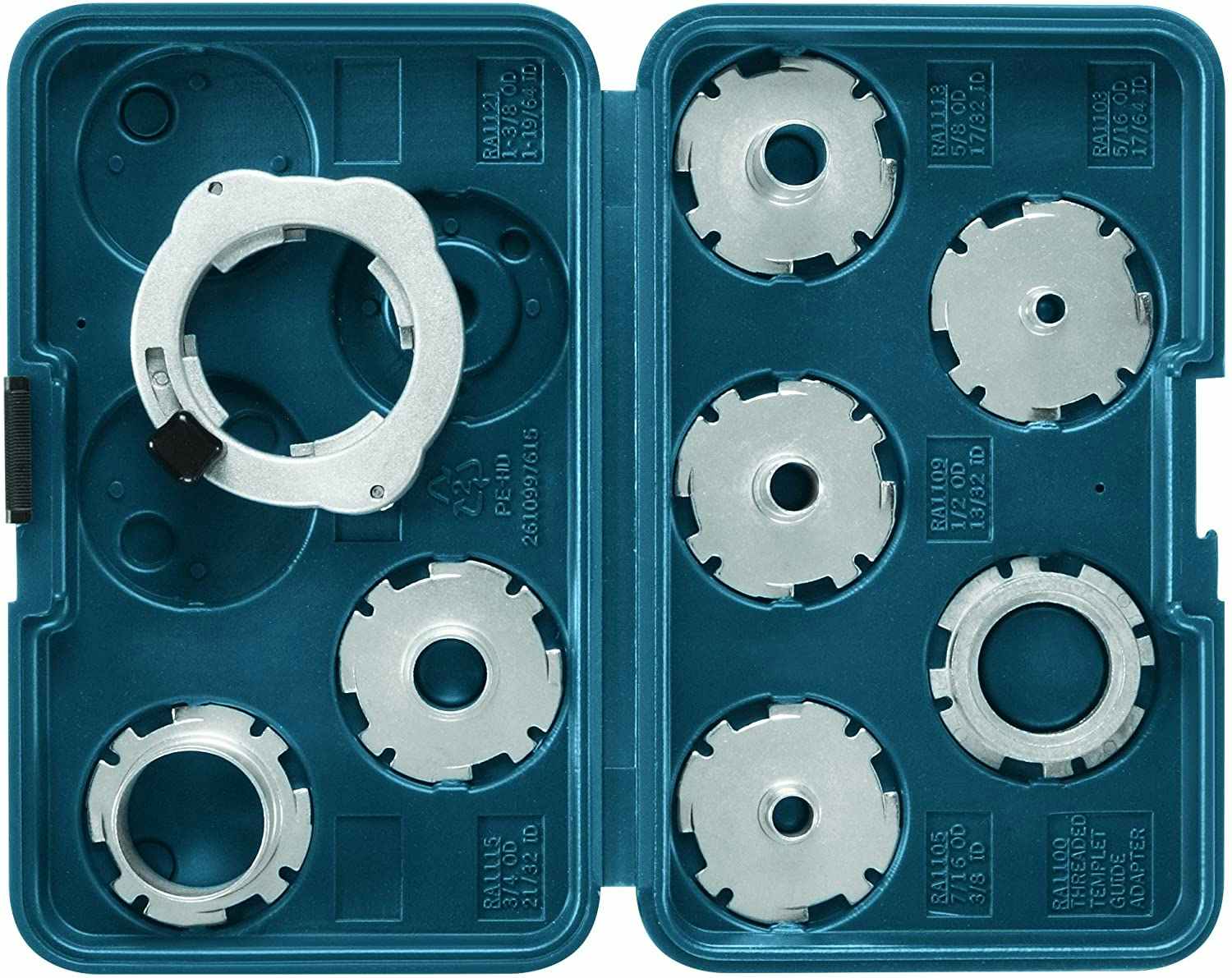 A Bosch router template guide set.