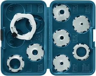 A Bosch router template guide set.