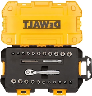 A DeWalt socket set in an open storage case.
