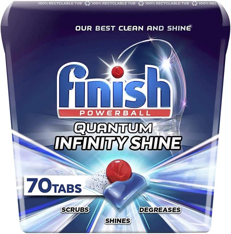 A package of Finish Quantum Infinity Shine dishwasher tablets.