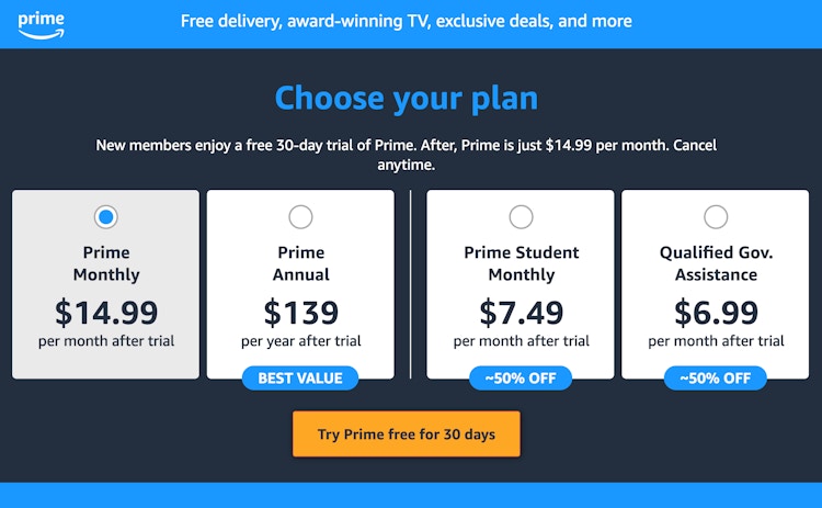An amazon prime cost per month vs annual expense screenshot