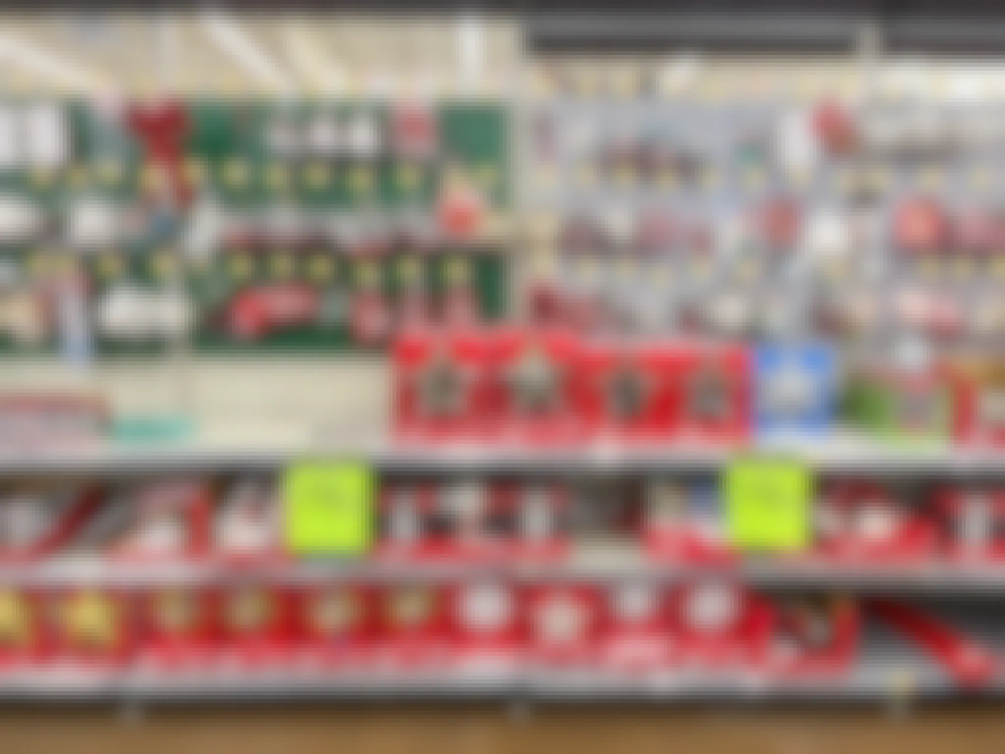 Shelves of Christmas clearance with 75% off sale signs at Walmart.