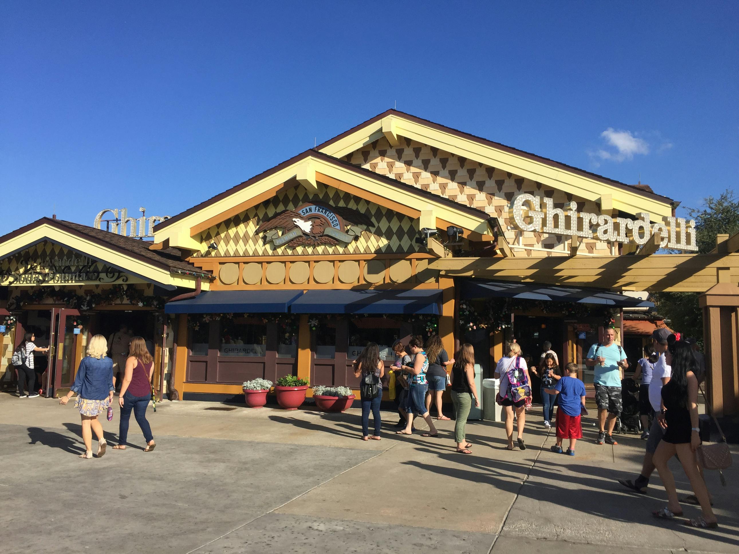 The front of the Ghirardelli chocolate shop at Disney Springs.
