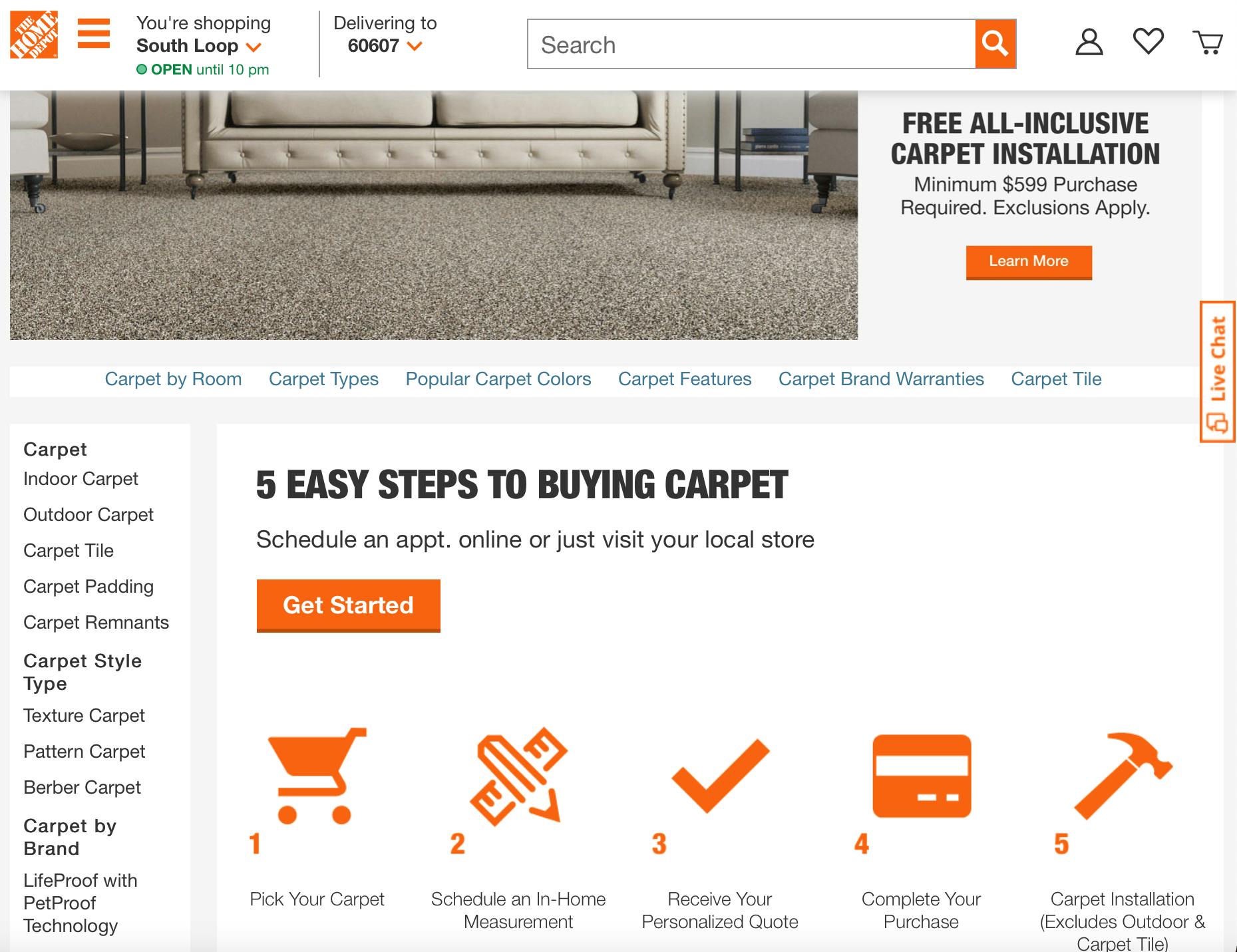 screenshot of The Home Depot's carpet web page