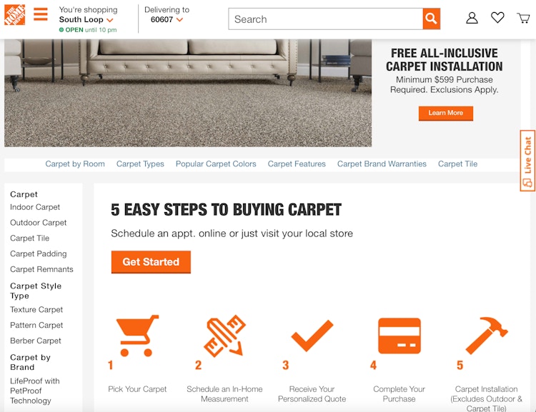 screenshot of The Home Depot's carpet web page