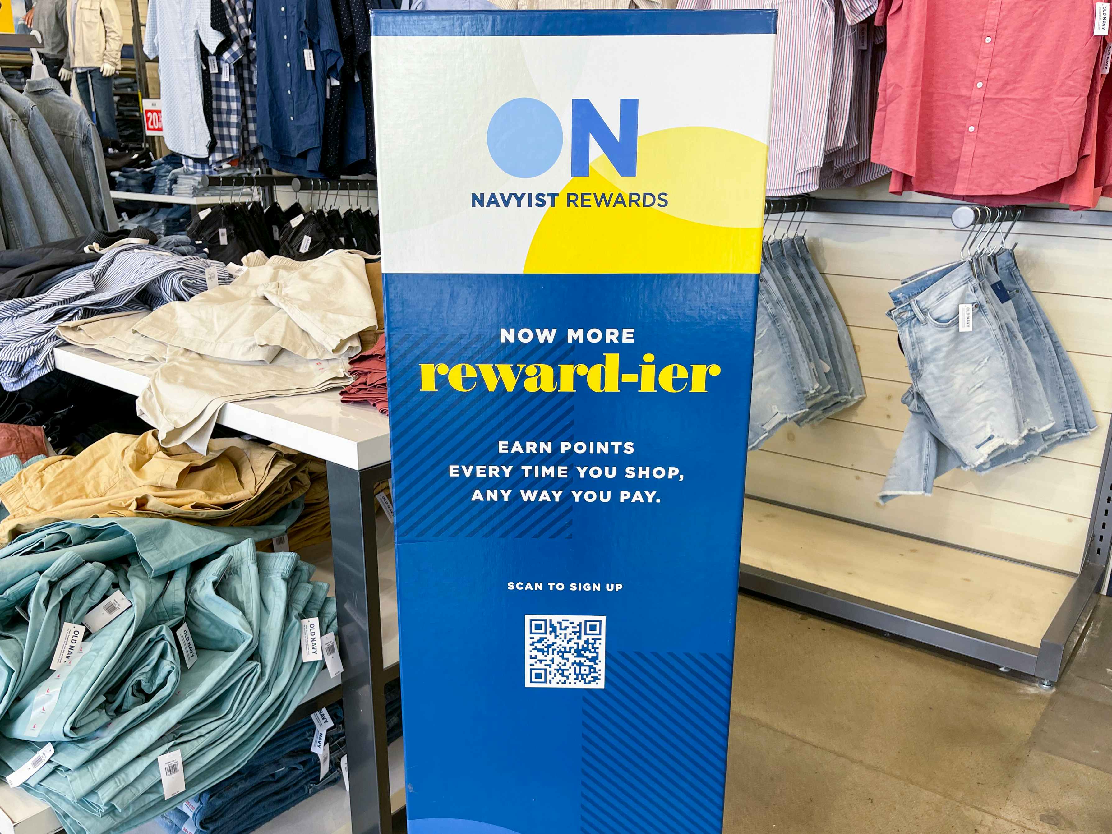 Old Navy reward program sign inside an Old Navy store.
